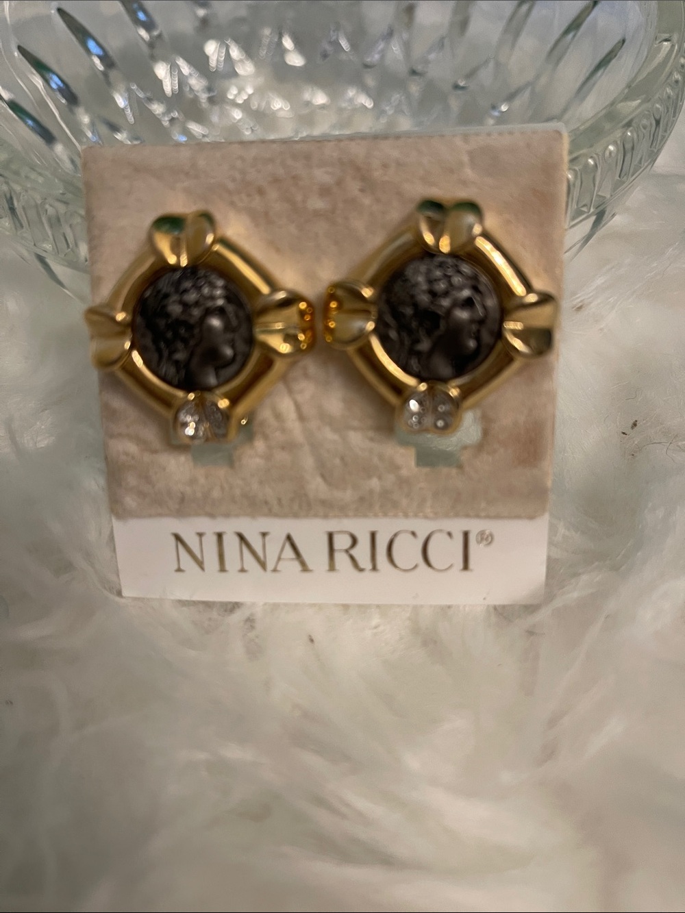 Vintage Nina Ricci Faux Roman Coin Crystal Accent Clip On Earrings - NOS!